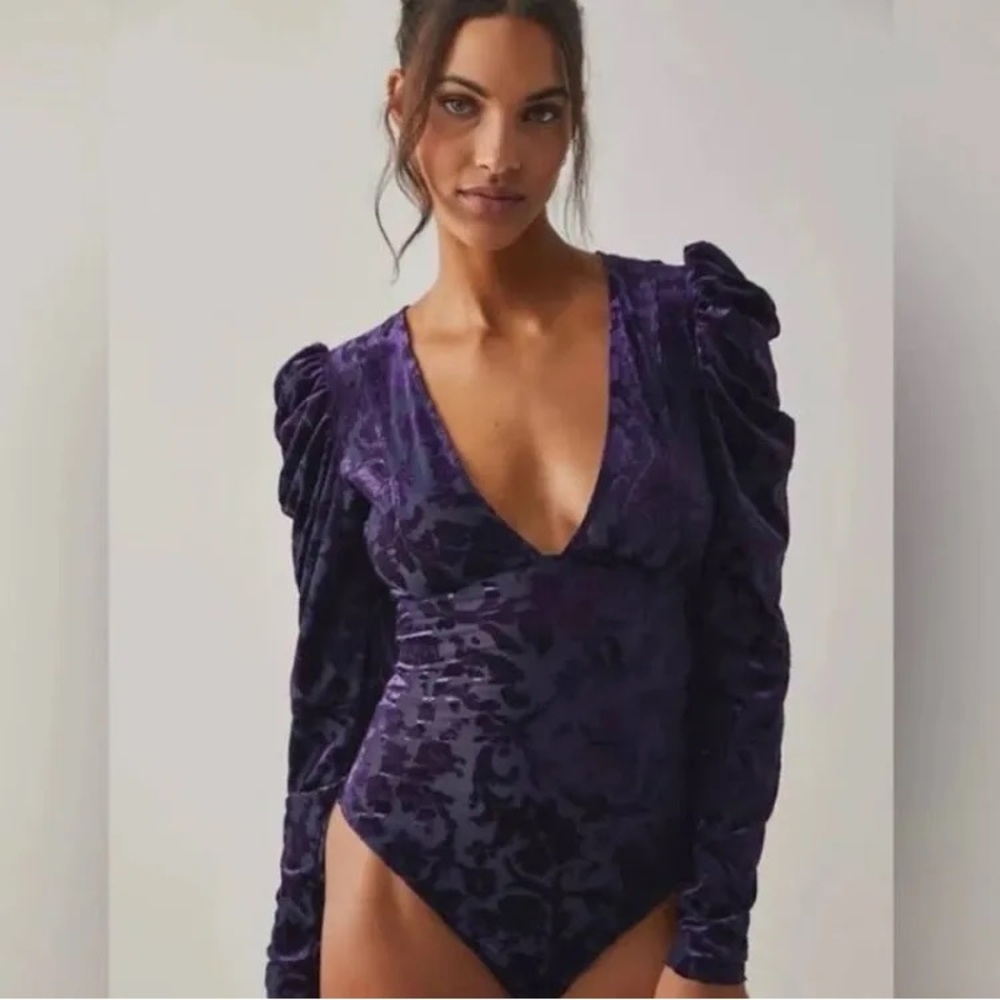 Free People Black Magic Velvet Bodysuit in Deep Sea Combo NEW